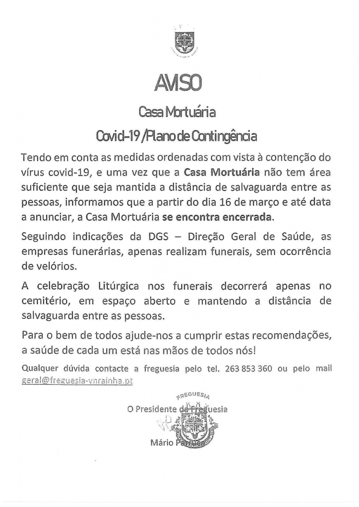 Imagem COVID-19 / Plano Contingência Casa Mortuária Vila Nova da Rainha